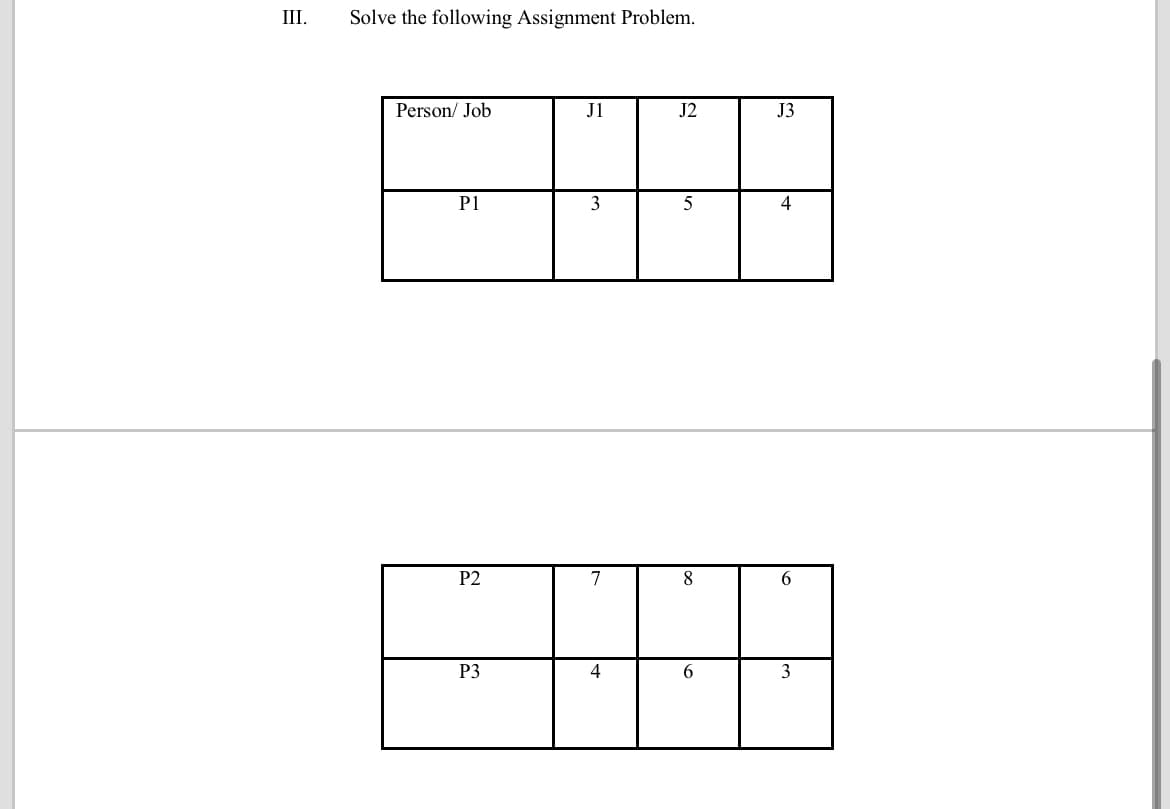 III.
Solve the following Assignment Problem.
Person/ Job
J1
J2
J3
P1
3
P2
7
8.
P3
4
6.
3
