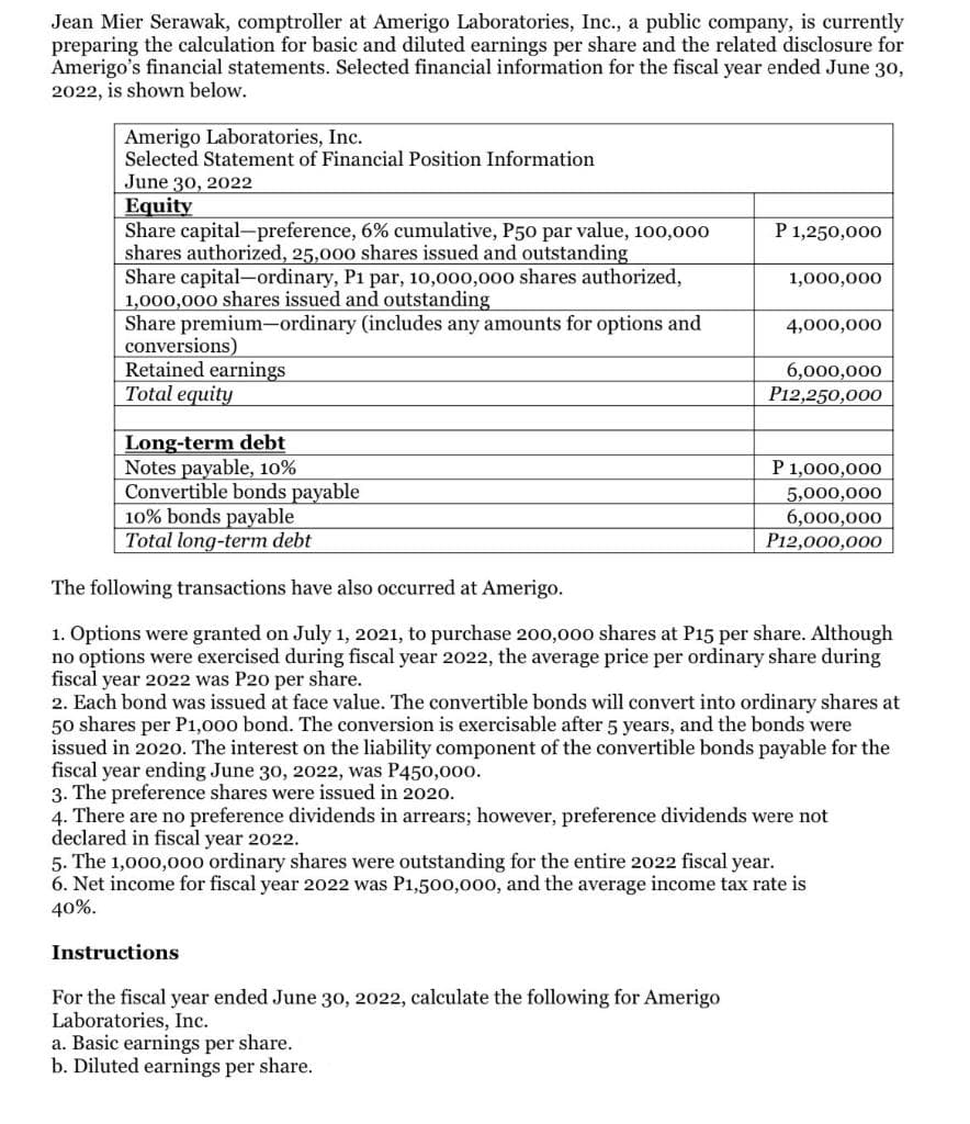 Jean Mier Serawak, comptroller at Amerigo Laboratories, Inc., a public company, is currently
preparing the calculation for basic and diluted earnings per share and the related disclosure for
Amerigo's financial statements. Selected financial information for the fiscal year ended June 30,
2022, is shown below.
Amerigo Laboratories, Inc.
Selected Statement of Financial Position Information
June 30, 2022
Equity
Share capital-preference, 6% cumulative, P50 par value, 100,000
shares authorized, 25,000 shares issued and outstanding
Share capital-ordinary, P1 par, 10,000,000 shares authorized,
1,000,000 shares issued and outstanding
Share premium-ordinary (includes any amounts for options and
conversions)
Retained earnings
Total equity
P 1,250,000
1,000,000
4,000,000
6,000,000
P12,250,000
Long-term debt
Notes payable, 10%
Convertible bonds payable
10% bonds payable
Total long-term debt
P 1,000,000
5,000,000
6,000,000
P12,000,000
The following transactions have also occurred at Amerigo.
1. Options were granted on July 1, 2021, to purchase 200,000 shares at P15 per share. Although
no options were exercised during fiscal year 2022, the average price per ordinary share during
fiscal year 2022 was P20 per share.
2. Each bond was issued at face value. The convertible bonds will convert into ordinary shares at
50 shares per P1,000 bond. The conversion is exercisable after 5 years, and the bonds were
issued in 2020. The interest on the liability component of the convertible bonds payable for the
fiscal year ending June 30, 2022, was P450,000.
3. The preference shares were issued in 2020.
4. There are no preference dividends in arrears; however, preference dividends were not
declared in fiscal year 2022.
5. The 1,000,000 ordinary shares were outstanding for the entire 2022 fiscal year.
6. Net income for fiscal year 2022 was P1,500,000, and the average income tax rate is
40%.
Instructions
For the fiscal year ended June 30, 2022, calculate the following for Amerigo
Laboratories, Inc.
a. Basic earnings per share.
b. Diluted earnings per share.
