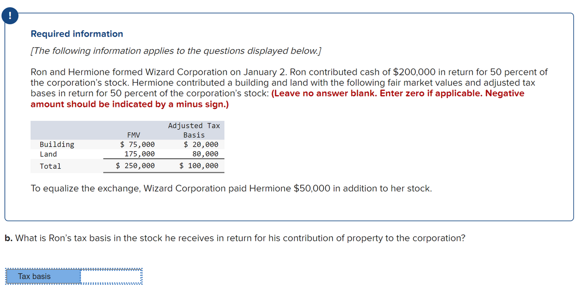 !
Required information
[The following information applies to the questions displayed below.]
Ron and Hermione formed Wizard Corporation on January 2. Ron contributed cash of $200,000 in return for 50 percent of
the corporation's stock. Hermione contributed a building and land with the following fair market values and adjusted tax
bases in return for 50 percent of the corporation's stock: (Leave no answer blank. Enter zero if applicable. Negative
amount should be indicated by a minus sign.)
Building
Land
Total
FMV
$ 75,000
175,000
$ 250,000
Adjusted Tax
Basis
$ 20,000
80,000
$ 100,000
To equalize the exchange, Wizard Corporation paid Hermione $50,000 in addition to her stock.
Tax basis
b. What is Ron's tax basis in the stock he receives in return for his contribution of property to the corporation?