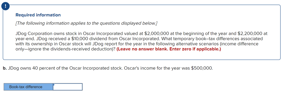 Required information
[The following information applies to the questions displayed below.]
JDog Corporation owns stock in Oscar Incorporated valued at $2,000,000 at the beginning of the year and $2,200,000 at
year-end. JDog received a $10,000 dividend from Oscar Incorporated. What temporary book-tax differences associated
with its ownership in Oscar stock will JDog report for the year in the following alternative scenarios (income difference
only-ignore the dividends-received deduction)? (Leave no answer blank. Enter zero if applicable.)
b. JDog owns 40 percent of the Oscar Incorporated
Book-tax difference
ck. Oscar's income for the year was $500,000.