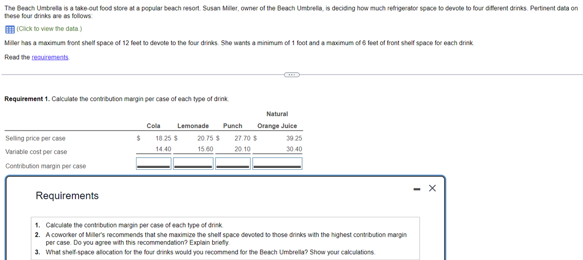 The Beach Umbrella is a take-out food store at a popular beach resort. Susan Miller, owner of the Beach Umbrella, is deciding how much refrigerator space to devote to four different drinks. Pertinent data on
these four drinks are as follows:
(Click to view the data.)
Miller has a maximum front shelf space of 12 feet to devote to the four drinks. She wants a minimum of 1 foot and a maximum of 6 feet of front shelf space for each drink.
Read the requirements.
Requirement 1. Calculate the contribution margin per case of each type of drink.
Selling price per case
Variable cost per case
Contribution margin per case
Requirements
$
Cola
Lemonade
18.25 $
14.40
20.75 $
15.60
Punch
27.70 $
20.10
Natural
Orange Juice
39.25
30.40
1.
Calculate the contribution margin per case of each type of drink.
2. A coworker of Miller's recommends that she maximize the shelf space devoted to those drinks with the highest contribution margin
per case. Do you agree with this recommendation? Explain briefly.
3. What shelf-space allocation for the four drinks would you recommend for the Beach Umbrella? Show your calculations.
X