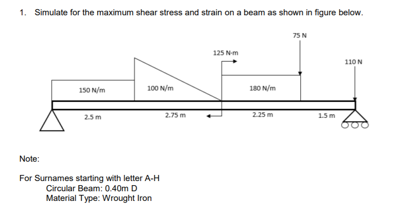 1. Simulate for the maximum shear stress and strain on a beam as shown in figure below.
75 N
125 N-m
110 N
150 N/m
100 N/m
180 N/m
2.75 m
2.25 m
1.5 m
2.5 m
Note:
For Surnames starting with letter A-H
Circular Beam: 0.40m D
Material Type: Wrought Iron
