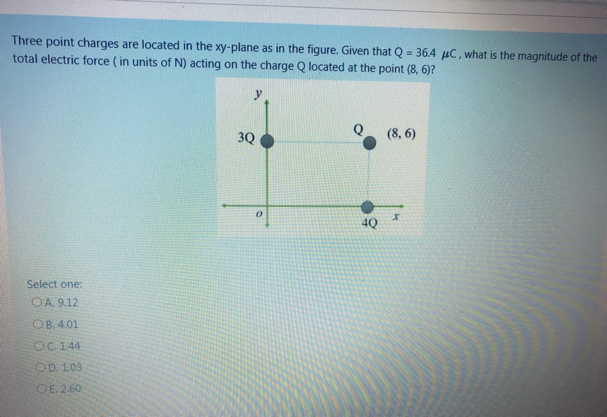 Three point charges are located in the xy-plane as in the figure. Given that Q = 36.4 µC, what is the magnitude of the
total electric force (in units of N) acting on the charge Q located at the point (8, 6)?
y
3Q
(8, 6)
4Q
Select one:
OA 9.12
OB. 4.01
OC. 1.44
OD. 1.03
OE 2.60,
