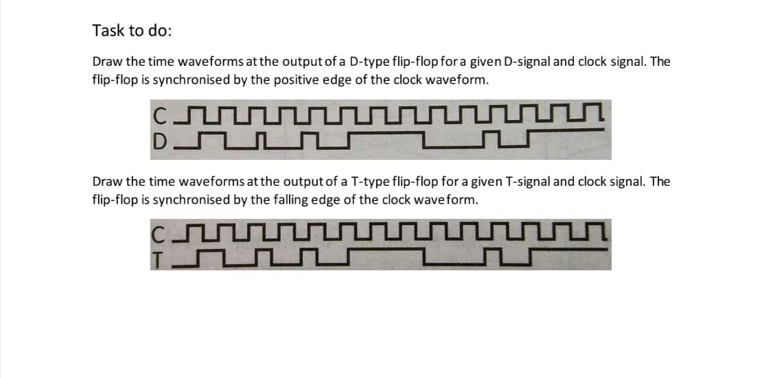 Task to do:
Draw the time waveforms at the output of a D-type flip-flop for a given D-signal and clock signal. The
flip-flop is synchronised by the positive edge of the clock waveform.
C
n
Drn
Draw the time waveforms at the output of a T-type flip-flop for a given T-signal and clock signal. The
flip-flop is synchronised by the falling edge of the clock wave form.
с п
I
