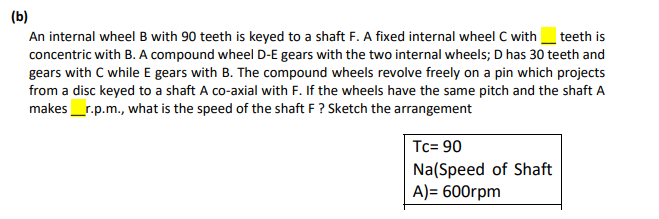 (b)
An internal wheelB with 90 teeth is keyed to a shaft F. A fixed internal wheel C with_ teeth is
concentric with B. A compound wheel D-E gears with the two internal wheels; D has 30 teeth and
gears with C while E gears with B. The compound wheels revolve freely on a pin which projects
from a disc keyed to a shaft A co-axial with F. If the wheels have the same pitch and the shaft A
makes_r.p.m., what is the speed of the shaft F ? Sketch the arrangement
Tc= 90
Na(Speed of Shaft
A)= 600rpm
