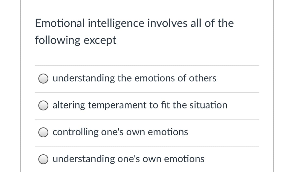 Emotional intelligence involves all of the
following except
understanding the emotions of others
O altering temperament to fit the situation
O controlling one's own emotions
O understanding one's own emotions
