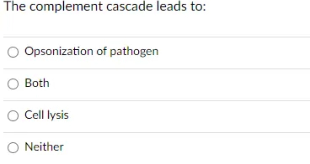The complement cascade leads to:
O Opsonization of pathogen
Both
O Cell lysis
Neither