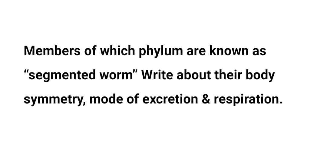 Members of which phylum are known as
"segmented worm" Write about their body
symmetry, mode of excretion & respiration.

