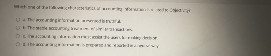 Which one of the following characteristics of accounting information is related to Objectivity?
O a. The accounting information presented is truthful.
Ob. The stable accounting treatment of similar transactions.
OC. The accounting information must assist the users for making decision.
Od. The accounting information is prepared and reported in a neutral way.

