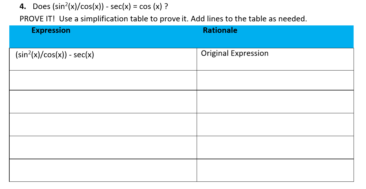 4. Does (sin?(x)/cos(x)) - sec(x) = cos (x) ?
PROVE IT! Use a simplification table to prove it. Add lines to the table as needed.
Expression
Rationale
(sin?(x)/cos(x)) - sec(x)
Original Expression
