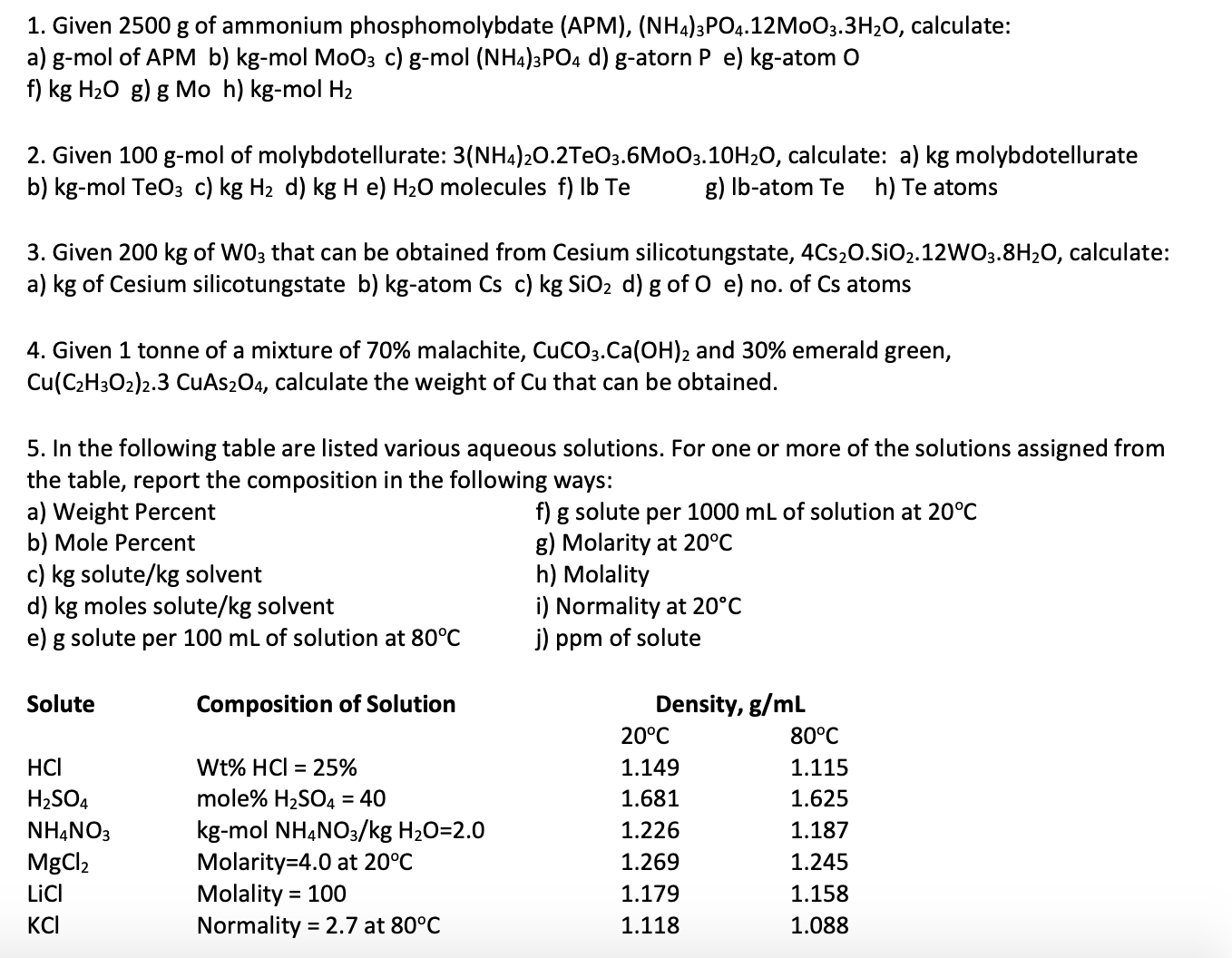 1. Given 2500 g of ammonium phosphomolybdate (APM), (NH4)3PO4.12M003.3H20, calculate:
a) g-mol of APM b) kg-mol MoO3 c) g-mol (NH4)3PO4 d) g-atorn P e) kg-atom O
f) kg H20 g) g Mo h) kg-mol H2
