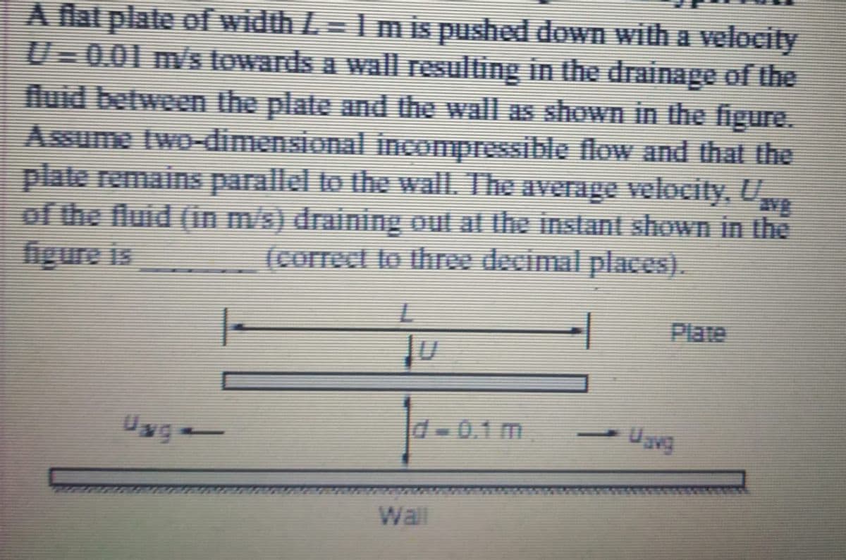A fat plate of width L= I mis pushed down with a velocity
U-0.01 m/s towards a wall resulting in the drainage of the
fluid between the plate and the wall as shown in the figure.
Assume two-dimensional incompressible flow and that the
plate remains parallel to the wall. The average velocity, U
of the fluid (in m/s) draining out at the instant shown in the
figure is
(correct to three decimal places).
Plate
Uag
d-0.1 m
Wall
