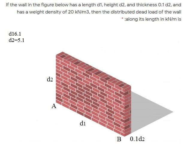 If the wall in the figure below has a length d1, height d2, and thickness 0.1 d2, and
has a weight density of 20 kN/m3, then the distributed dead load of the wall
* :along its length in kN/m is
d16.1
d2=5.1
d2
A
di
В
0.1d2
