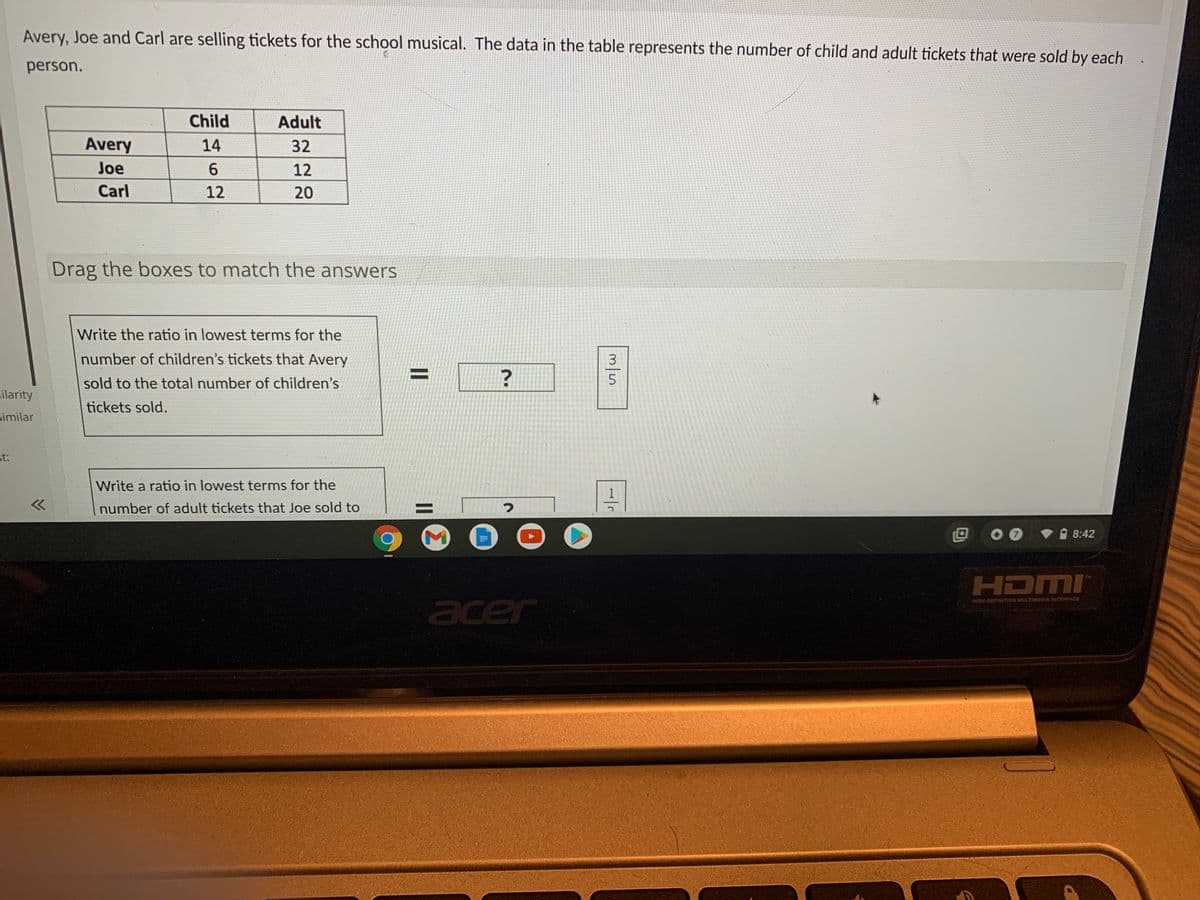 Avery, Joe and Carl are selling tickets for the school musical. The data in the table represents the number of child and adult tickets that were sold by each
person.
Child
Adult
Avery
14
32
Joe
6.
12
Carl
12
20
Drag the boxes to match the answers
Write the ratio in lowest terms for the
number of children's tickets that Avery
%3D
sold to the total number of children's
5
ilarity
tickets sold.
similar
st:
Write a ratio in lowest terms for the
>>
number of adult tickets that Joe sold to
V 8:42
HDMI
acer
HIGH-DEFINITION MULTIMEDIA INTERFACE
II
