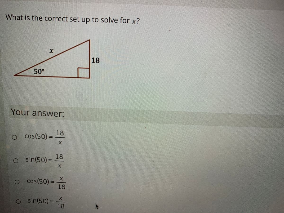 What is the correct set up to solve for x?
18
50°
Your answer:
18
o cos(50) =
18
O sin(50) =
cos(50) =
18
O sin(50) =
18
