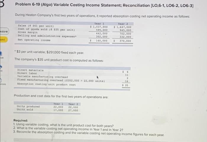 Problem 6-19 (Algo) Variable Costing Income Statement; Reconciliation (LO,6-1, LO6-2, LO6-3)
During Heaton Company's first two years of operations, it reported absorption costing net operating income as follows:
Year 1
$ 1,037,000
595,000
442,000
302,000
140,000
Year 2
Sales (e 561 per unit)
Cost of gooda sold (e $35 per unit)
Gross margin
Selling and administrative expenses
$ 1,647,000
945,000
702,000
332,000
4:0318
ped
Net operating income
370,000
* $3 per unit variable; $251,000 fixed each year.
The company's $35 unit product cost is computed as follows:
Direct materials
Direct labor
Variable manufacturing overhead
Fixed manufacturing overhead ($352,000 - 22,000 units)
$ 6
11
16
nces
Absorption costing unit product cost
$ 35
Production and cost data for the first two years of operations are:
Year 1
Year 2
Units produced
Unita sold
22,000
17,000
22,000
27,000
Required:
1. Using variable costing, what is the unit product cost for both years?
2. What is the variable costing net operating income in Year 1 and in Year 2?
3. Reconcile the absorption costing and the variable costing net operating income figures for each year.
