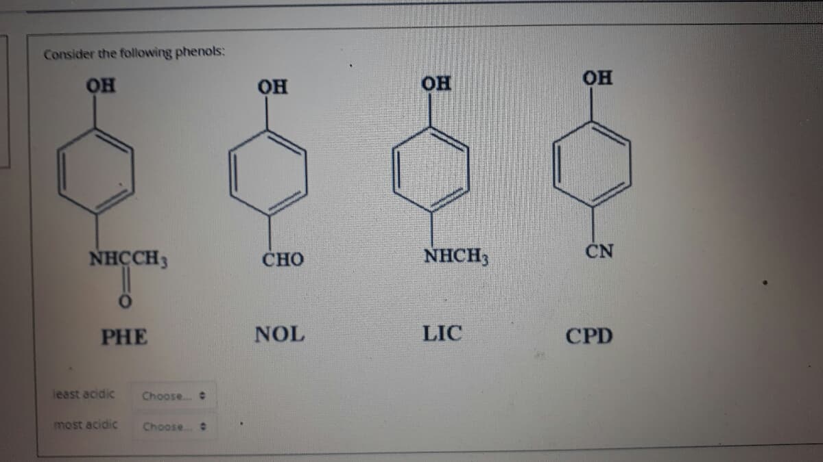 Consider the following phenols:
он
он
он
он
NHCCH3
NHCH,
CN
CHO
PHE
NOL
LIC
CPD
least acidic
Choose..
most acidic
Choose..
