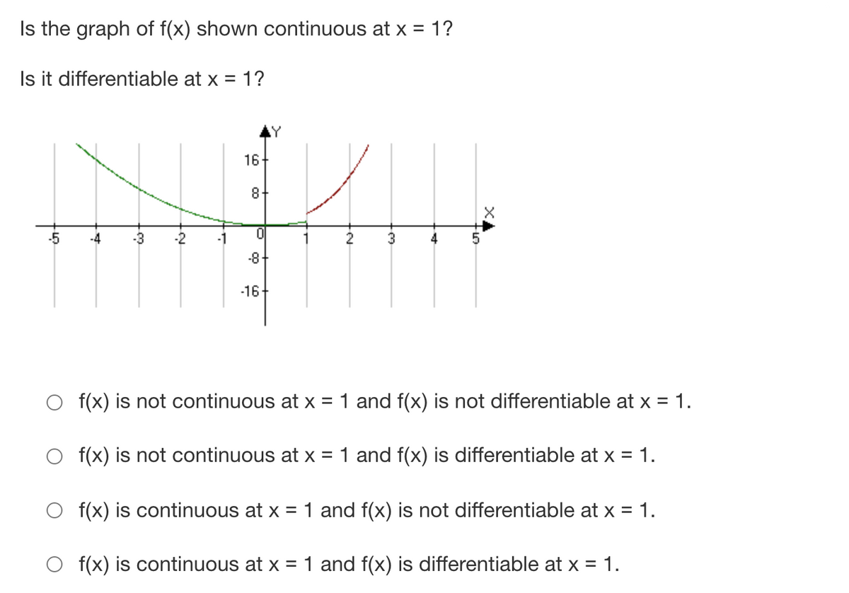 Is the graph of f(x) shown continuous at x = 1?
Is it differentiable at x = 1?
%3D
16
8.
-5
-4
-3
-2
-1
1
2
3
4
-8-
-16
O f(x) is not continuous at x = 1 and f(x) is not differentiable at x = 1.
O f(x) is not continuous at x = 1 and f(x) is differentiable at x = 1.
%3D
O f(x) is continuous at x = 1 and f(x) is not differentiable at x = 1.
f(x) is continuous at x = 1 and f(x) is differentiable at x = 1.
