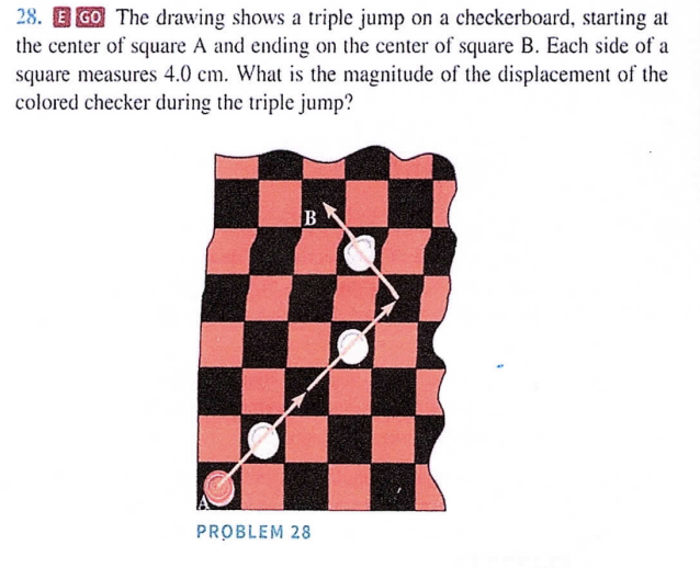 28. EGO The drawing shows a triple jump on a checkerboard, starting at
the center of square A and ending on the center of square B. Each side of a
square measures 4.0 cm. What is the magnitude of the displacement of the
colored checker during the triple jump?
B
PROBLEM 28