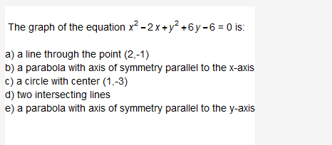 The graph of the equation x² - 2x + y² +6y-6=0 is:
a) a line through the point (2,-1)
b) a parabola with axis of symmetry parallel to the x-axis
c) a circle with center (1,-3)
d)
two intersecting lines
e) a parabola with axis of symmetry parallel to the y-axis
