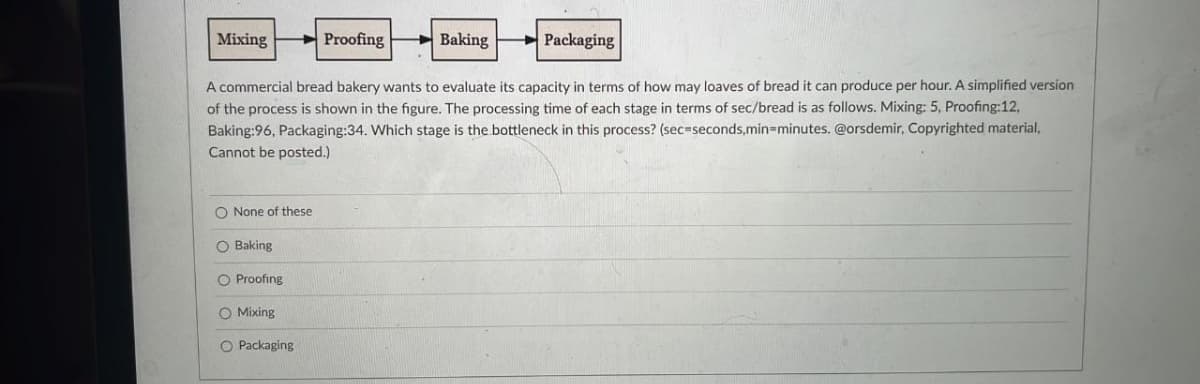 Proofing
A commercial bread bakery wants to evaluate its capacity in terms of how may loaves of bread it can produce per hour. A simplified version
of the process is shown in the figure. The processing time of each stage in terms of sec/bread is as follows. Mixing: 5, Proofing:12,
Baking:96, Packaging:34. Which stage is the bottleneck in this process? (sec-seconds, min-minutes. @orsdemir, Copyrighted material,
Cannot be posted.)
Mixing
O None of these
O Baking
O Proofing
O Mixing
O Packaging
Baking
Packaging