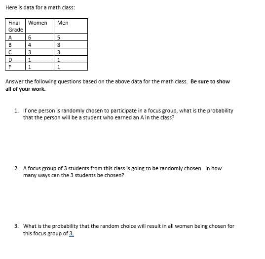 Here is data for a math class:
Final
Women
Men
Grade
A
6
В
4
8
3
3
D
F
1
1
Answer the following questions based on the above data for the math class. Be sure to show
all of your work.
1. If one person is randomly chosen to participate in a focus group, what is the probability
that the person will be a student who earned an A in the class?
2. A focus group of 3 students from this class is going to be randomly chosen. In how
many ways can the 3 students be chosen?
3. What is the probability that the random choice will result in all women being chosen for
this focus group of 3
