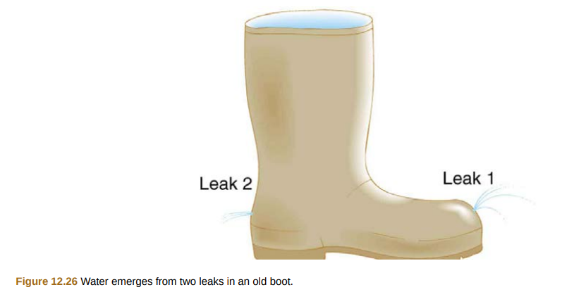 Leak 2
Leak 1
Figure 12.26 Water emerges from two leaks in an old boot.
