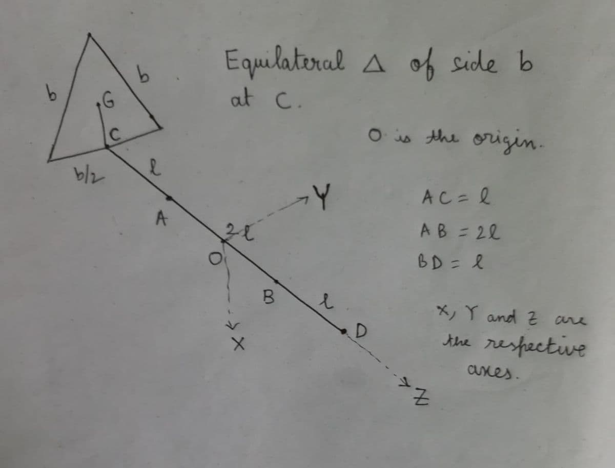 Equilateral A of side b
at C.
O is the origin.
b/2
AC=l
AB = 22
BD = l
A
X, Y and Z are
khe respective
Cxes.
7.
B.
C.
