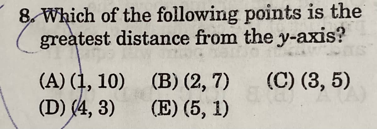 8. Which of the following points is the
greatest distance from the y-axis?
(A) (1, 10) (B) (2, 7)
(C) (3, 5)
(D) (4, 3)
(E) (5, 1)

