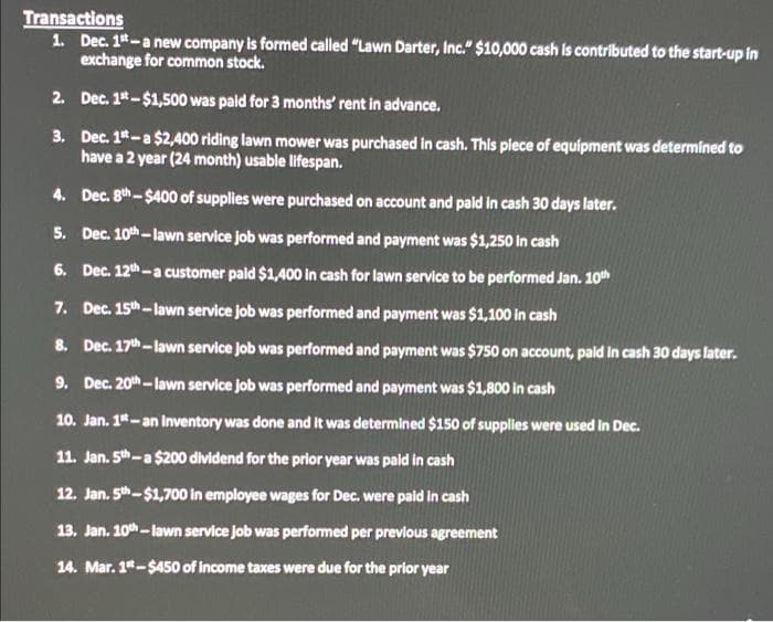 Transactions
1. Dec. 1-a new company is formed called "Lawn Darter, Inc." $10,000 cash is contributed to the start-up in
exchange for common stock.
2. Dec. 1*-$1,500 was paid for 3 months' rent in advance.
3. Dec. 1*-a $2,400 riding lawn mower was purchased in cash. This piece of equipment was determined to
have a 2 year (24 month) usable lifespan.
4. Dec. 8th-$400 of supplies were purchased on account and paid in cash 30 days later.
5. Dec. 10th-lawn service job was performed and payment was $1,250 in cash
6. Dec. 12th-a customer paid $1,400 in cash for lawn service to be performed Jan. 10th
7. Dec. 15 - lawn service job was performed and payment was $1,100 in cash
8. Dec. 17th -lawn service Job was performed and payment was $750 on account, pald in cash 30 days later.
9. Dec. 20th - lawn service Job was performed and payment was $1,800 in cash
10. Jan. 14-an Inventory was done and It was determined $150 of supplies were used in Dec.
11. Jan. 5th-a $200 dividend for the prior year was paid in cash
12. Jan. 5th-$1,700 in employee wages for Dec. were pald in cash
13. Jan. 10th - lawn service Job was performed per prevlous agreement
14. Mar. 14-$450 of income taxes were due for the prior year
