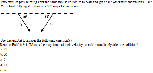 os
pe
untin
r
lide
in
mid
air
nd
b
a
las
Each
and grab eacho
250-g bird is flying at 30 m/s at a 60° angle to the ground
60°
60°
Use this exhibit to answer the following question(s).
Refer to Exhibit 9-1. What is the magnitude of their velocity, in m/s, immediately after the collision?
. 13
b. 30
c. 0
d. 13
e. 26
