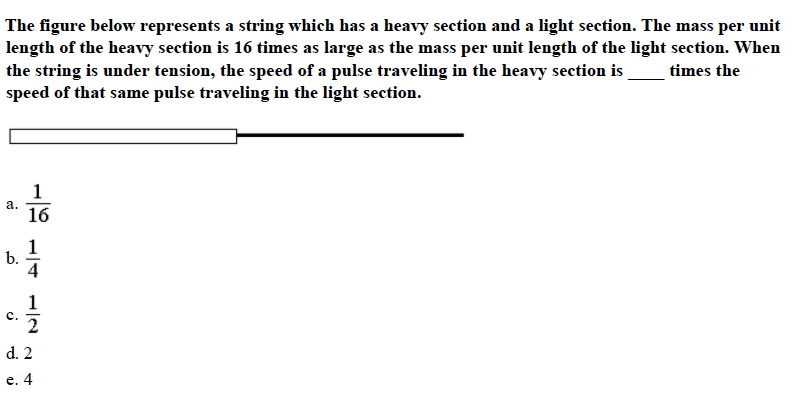 The figure below represents a string which has a heavy section and a light section. The mass per unit
length of the heavy section is 16 times as large as the mass per unit length of the light section. When
the string is under tension, the speed of a pulse traveling in the heavy section is_times the
speed of that same pulse traveling in the light section.
a.Ίβ
16
b.
4
c.
2
d. 2
e. 4
