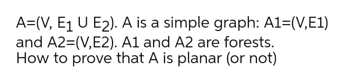 A=(V, E1 U E2). A is a simple graph: A1=(V,E1)
and A2=(V,E2). A1 and A2 are forests.
How to prove that A is planar (or not)
