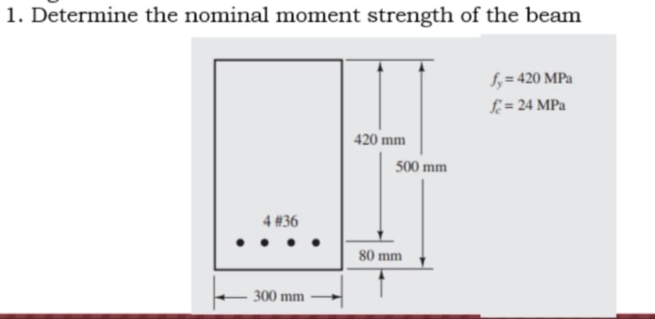1. Determine the nominal moment strength of the beam
f,= 420 MPa
f = 24 MPa
420 mm
500 mm
4 #36
80 mm
300 mm
