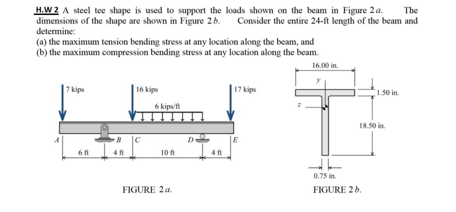 H.W 2 A steel tee shape is used to support the loads shown on the beam in Figure 2 a.
dimensions of the shape are shown in Figure 2b.
determine:
The
Consider the entire 24-ft length of the beam and
(a) the maximum tension bending stress at any location along the beam, and
(b) the maximum compression bending stress at any location along the beam.
16.00 in.
y
| 7 kips
| 16 kips
17 kips
1.50 in.
6 kips/ft
18.50 in.
B
|C
D
E
6 ft
4 ft
10 ft
4 ft
0.75 in.
FIGURE 2 a.
FIGURE 2 b.
