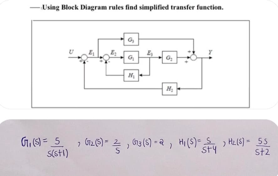 Using Block Diagram rules find simplified transfer function.
G3
U
E2
G
E3
Y
H
G, (S) = 5
2 G126) = 2, n3 (s) -2, Hi(S)-,
G13 (S) = a , Hi (S)-S H2(S) = 55
) Hz (S) = 55
S(sti)
St2
