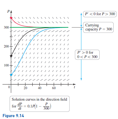 PA
P <0 for P> 300
Саying
сараcity P 3 300
300
200
P'>0 for
0<P< 300
100-
مر خ مر مر مر مر مر م مر مر مر م مر م
++
40
20
60
Solution curves in the direction field
dP
for
dt
: =
- 0.1P(1 – 300)
Figure 9.14
