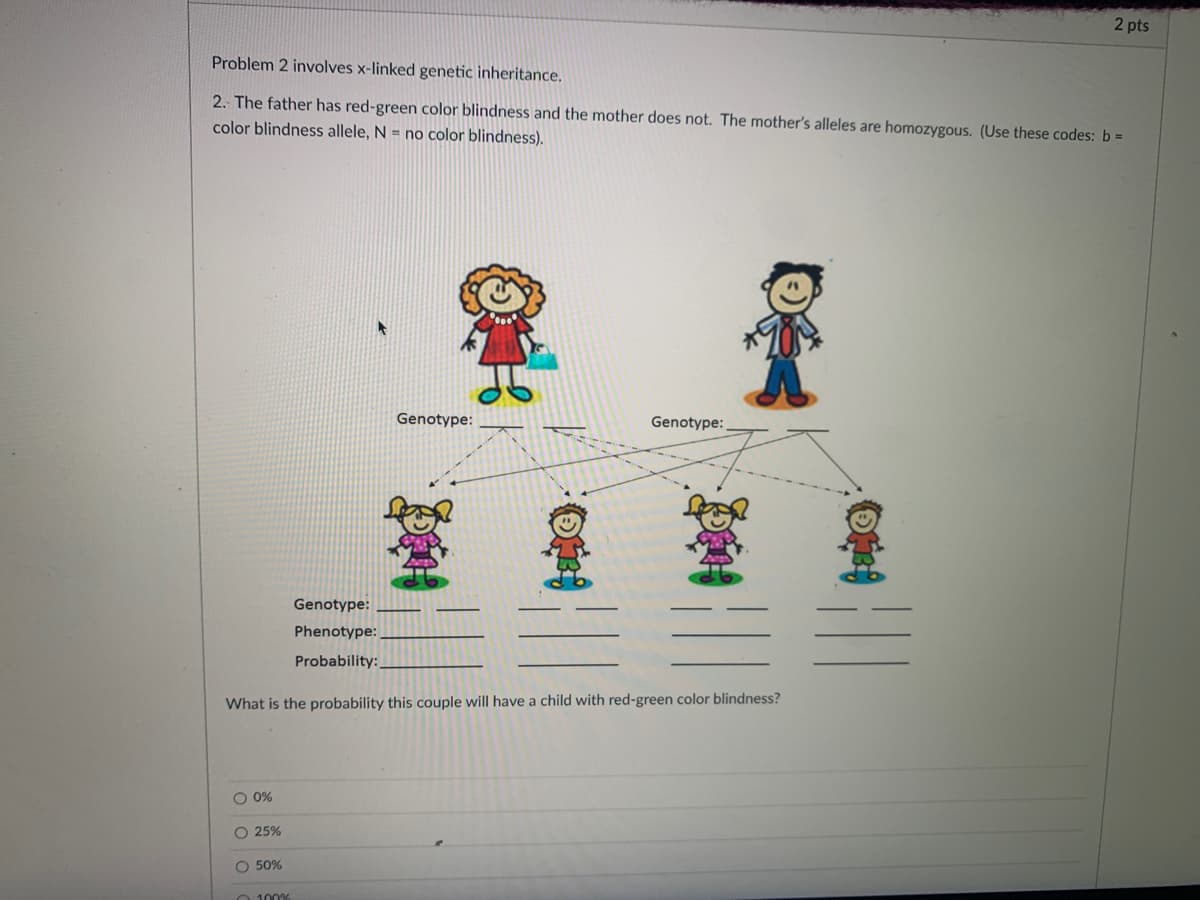 2 pts
Problem 2 involves x-linked genetic inheritance.
2. The father has red-green color blindness and the mother does not. The mother's alleles are homozygous. (Use these codes: b =
color blindness allele, N = no color blindness).
Genotype:
Genotype:
Genotype:
Phenotype: .
Probability:
What is the probability this couple will have a child with red-green color blindness?
O 0%
O 25%
O 50%
O 100%
