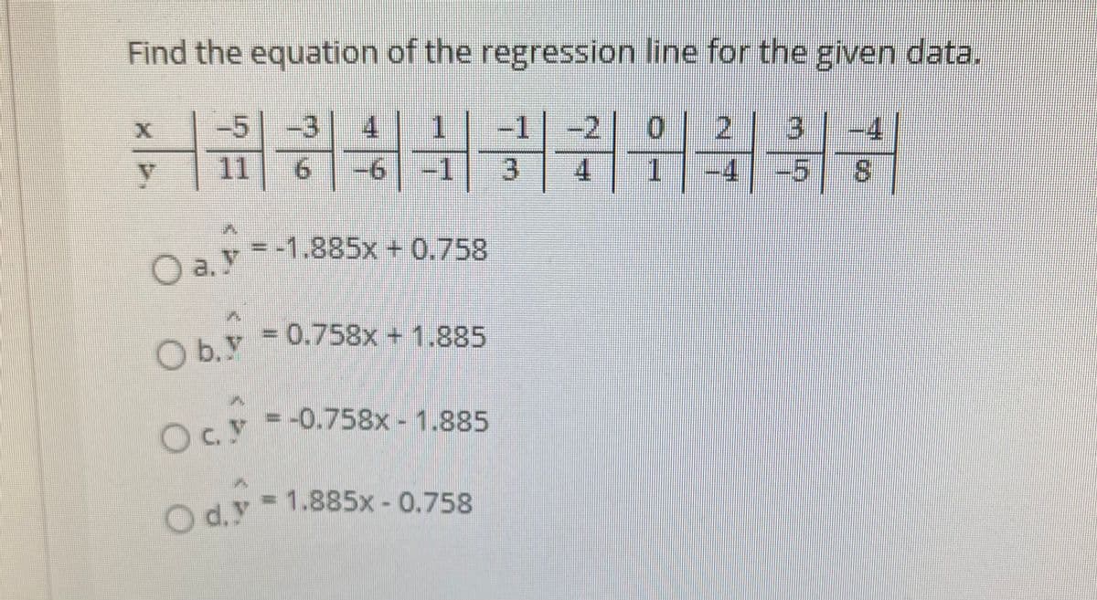 Find the equation of the regression line for the given data.
-5
-3
-1
-6-1
4.
1
-2
13
11
3.
1.
= -1.885x + 0.758
O a. y
0.758x+ 1.885
O b.V
=-0.758x 1.885
Ocy
Od.y
Ody
1.885x- 0.758
