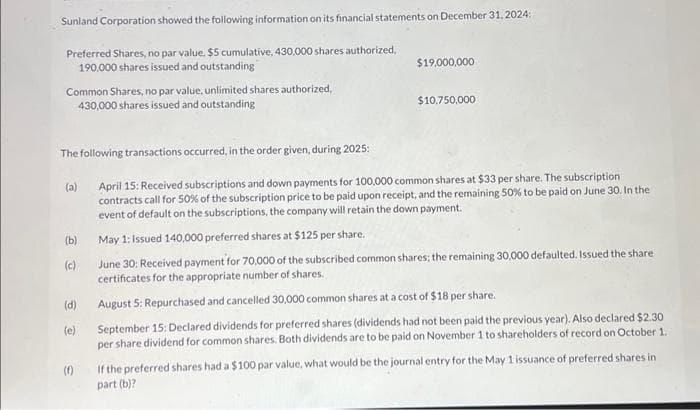 Sunland Corporation showed the following information on its financial statements on December 31, 2024:
Preferred Shares, no par value, $5 cumulative, 430,000 shares authorized,
190,000 shares issued and outstanding
Common Shares, no par value, unlimited shares authorized,
430,000 shares issued and outstanding
(a)
The following transactions occurred, in the order given, during 2025:
April 15: Received subscriptions and down payments for 100,000 common shares at $33 per share. The subscription
contracts call for 50% of the subscription price to be paid upon receipt, and the remaining 50% to be paid on June 30. In the
event of default on the subscriptions, the company will retain the down payment.
May 1: Issued 140,000 preferred shares at $125 per share.
June 30: Received payment for 70,000 of the subscribed common shares; the remaining 30,000 defaulted. Issued the share
certificates for the appropriate number of shares.
August 5: Repurchased and cancelled 30,000 common shares at a cost of $18 per share.
September 15: Declared dividends for preferred shares (dividends had not been paid the previous year). Also declared $2.30
per share dividend for common shares. Both dividends are to be paid on November 1 to shareholders of record on October 1.
(b)
(c)
(d)
(e)
$19,000,000
(f)
$10,750,000
If the preferred shares had a $100 par value, what would be the journal entry for the May 1 issuance of preferred shares in
part (b)?