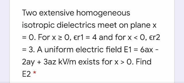Two extensive homogeneous
isotropic dielectrics meet on plane x
= 0. For x > 0, er1 = 4 and for x < 0, er2
= 3. A uniform electric field E1 = 6ax -
%3D
%3D
2ay + 3az kV/m exists for x > 0. Find
E2 *
