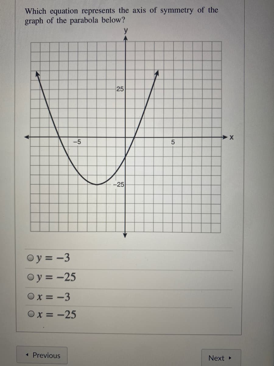 Which equation represents the axis of symmetry of the
graph of the parabola below?
y
25
-5
-25
Oy = -3
Oy = -25
Ox = -3
Ox = -25
« Previous
Next
