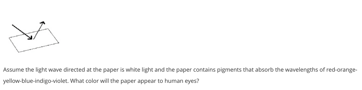 Assume the light wave directed at the paper is white light and the paper contains pigments that absorb the wavelengths of red-orange-
yellow-blue-indigo-violet. What color will the paper appear to human eyes?
