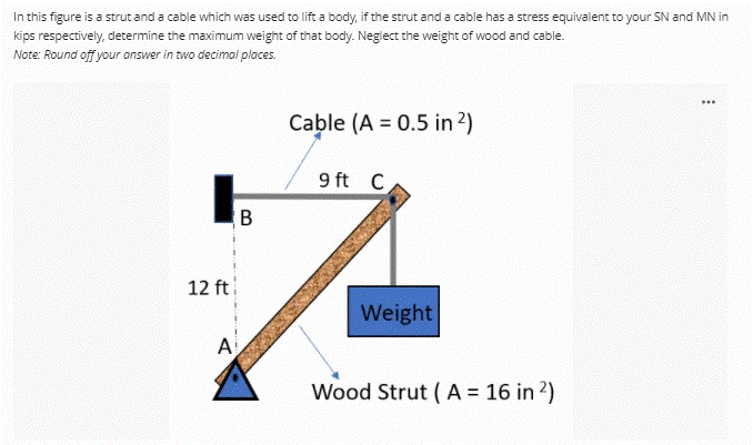 In this figure is a strut and a cable which was used to lift a body, if the strut and a cable has a stress equivalent to your SN and MN in
kips respectively, determine the maximum weight of that body. Neglect the weight of wood and cable.
Note: Round off your answer in two decimal places.
...
Cable (A = 0.5 in 2)
9 ft C
B
12 ft
Weight
A
Wood Strut ( A 16 in 2)
