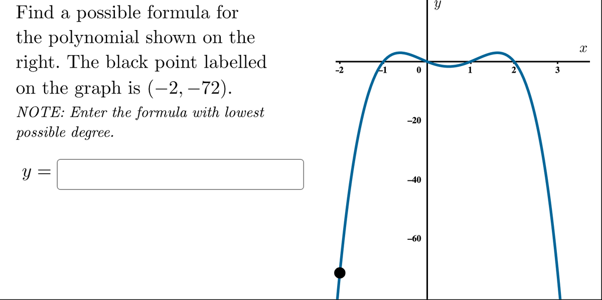 Find a possible formula for
the polynomial shown on the
right. The black point labelled
on the graph is (-2, – 72).
-2
-1
NOTE: Enter the formula with lowest
possible degree.
-20
-40
-60
నా
