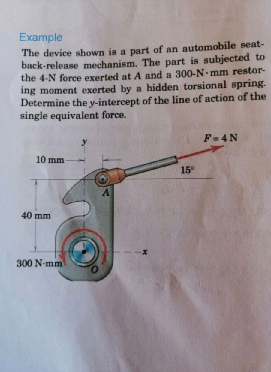 Example
The device shown is a part of an automobile seat-
back-release mechanism. The part is subjected to
the 4-N force exerted at A and a 300-N mm restor-
ing moment exerted by a hidden torsional spring.
Determine the y-intercept of the line of action of the
single equivalent force.
F= 4 N
10 mm
15°
40 mm
300 N-mm
