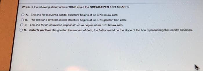 Which of the following statements in TRUE about the BREAK-EVEN EBIT GRAPH?
OA The line for a loverod capital structure beginn at an EPS bolow zoro.
B. The line for a leverod capital ntructuro begins at an EPS groator than zoro.
OC. The line for an unlevered capital structure bogins at an EPS below zoro.
OD. Cotoris paribus, the greater the armount of debt, the flatter would be the alope of the line repronenting that capital structure.
