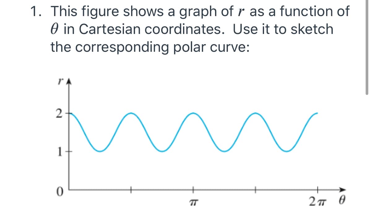 1. This figure shows a graph of r as a function of
O in Cartesian coordinates. Use it to sketch
the corresponding polar curve:
2
TT
