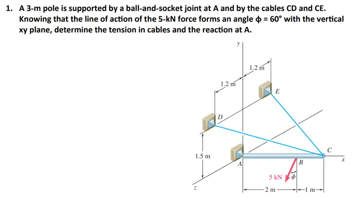 1. A 3-m pole is supported by a ball-and-socket joint at A and by the cables CD and CE.
Knowing that the line of action of the 5-kN force forms an angle o = 60° with the vertical
xy plane, determine the tension in cables and the reaction at A.
%3D
y
1.2 m
1.2 m
E
1.5 m
A
В
5 kN
2 m
-1 m-
