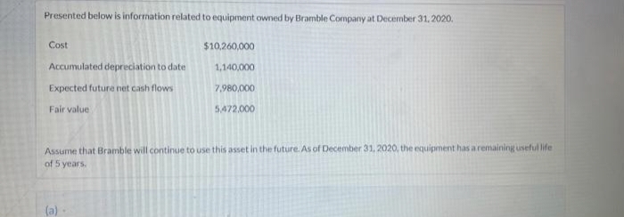 Presented below is information related to equipment owned by Bramble Company at Decen
Cost
Accumulated depreciation to date
Expected future net cash flows
Fair value
$10,260,000
1,140,000
7,980,000
5,472,000
(a)
December 31, 2020.
Assume that Bramble will continue to use this asset in the future. As of December 31, 2020, the equipment has a remaining useful life
of 5 years.